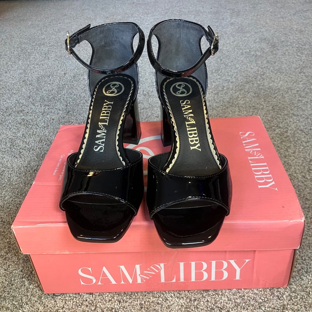Sam and Libby Leanne Black Patent Block Heel Ankle Strap Sandal 6.5 NIB Orig $70